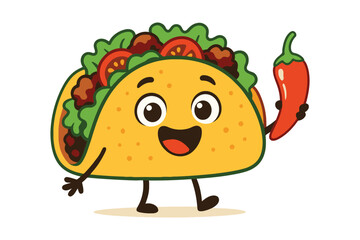 Happy cartoon taco character holding a spicy red chili pepper