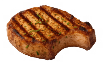 Grilled pork chop with bone and grill marks, seasoned with herbs, ideal for barbecue, dinner, and savory meals