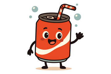 Happy cartoon soda can with straw waving hello and bubbles