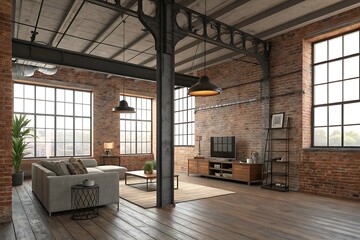 Spacious industrial loft apartment with exposed brick walls large windows and modern furniture