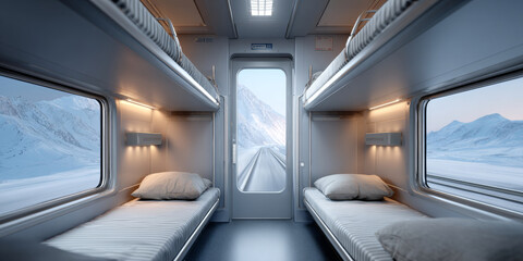 Fototapeta premium Interior view of a modern train sleeper cabin with four beds and large showing snowy mountain landscape outside