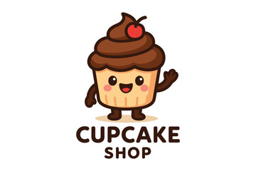 Cute cartoon cupcake character waving hello with text cupcake shop