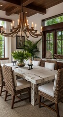 Fototapeta premium Elegant Dining Room with Rustic Accents and Natural Light.