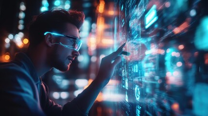 Young man interacting with holographic AI interface