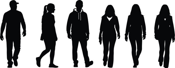 Walking people silhouette set illustration isolated on white background representing diverse community, pedestrians, urban lifestyle, movement, anonymity, and modern human activity