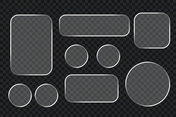 Set of liquid glass vector frames and shapes with reflection and shadow. Realistic abstract modern empty plates on transparent background for ad.
