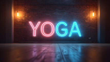 Yoga neon sign glowing on brick wall in studio