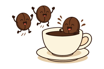 Happy coffee beans jumping into a cup of hot coffee