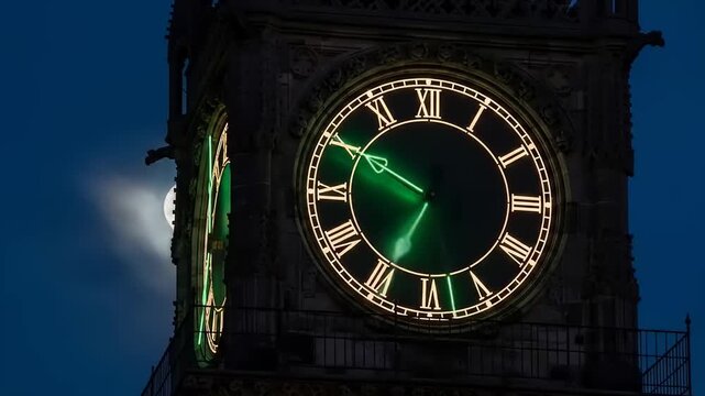 Close up of Big Ben clock face at night with moon behind.