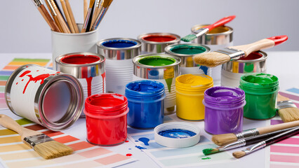 An assortment of colorful paint cans and jars, along with brushes and color swatches, are arranged on a white surface
