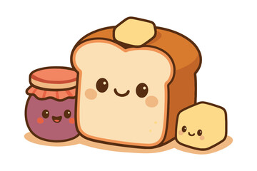 Cute kawaii toast with butter and jam jar characters smiling