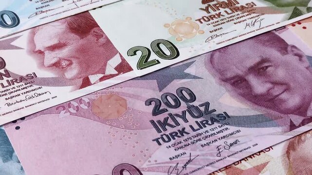 Money, currency of Turkey, lira banknotes of various denominations. Turkish money