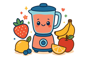 Cute kawaii blender with fresh fruits making delicious smoothie