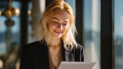 Bright young woman with blonde hair smiles warmly while reading a document in a modern cafe during a sunny afternoon - Powered by Adobe