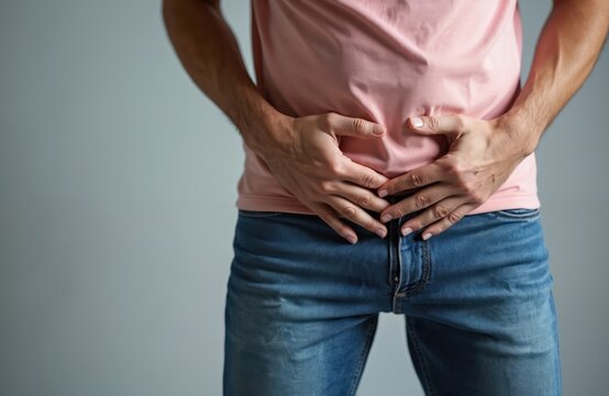 Man holds groin area with hands. Feels strong pain, discomfort, urgency. Male issues with prostate, bladder, urinary system. Young guy suffers from stomach ache, hernia, reproductive health problem.