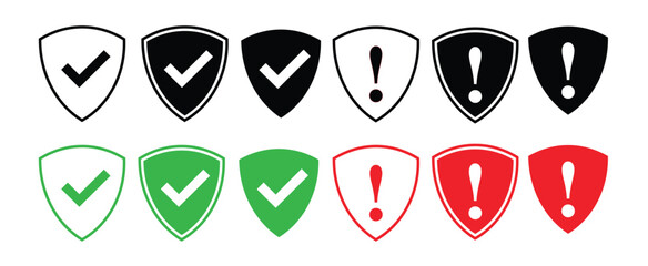 Security Shield Icons with Checkmark and Warning Symbols &ndash; Safety Alert Badge Vector Set