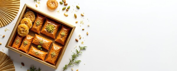 Golden box with assorted Middle Eastern sweets. Sweet pastries baklava arranged on white. Pistachios and almonds around. Traditional arabic dessert, culinary food background. Top view.