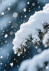 White snow covers pine branches as flakes fall from the sky. The scene shows a winter forest with soft lighting in the background, creating a cold atmosphere Generative AI