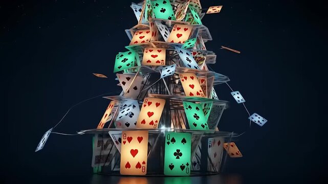 Collapsing House of Cards Illuminated by Colorful Lights.