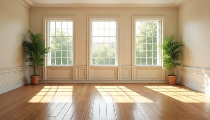 Fototapeta premium Illustration of a bright empty living room interior with three large windows. Sunlight illuminates the wooden floor and walls. Potted plants flank the windows adding natural element.