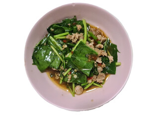 isolated Thai style Stir-fried Kale, mince pork and red chili in pink bowl