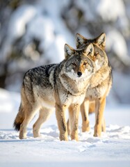 Naklejka premium Two canids in winter snowy scene, looking forward