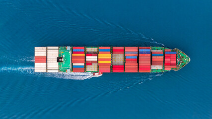 Aerial top view container ship at sea.