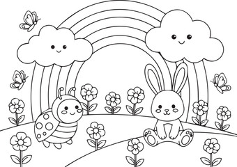 Fototapeta premium Cute Cartoon Black and White Illustration with Bunny Ladybug and Rainbow