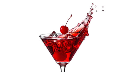 Refreshing red martini with cherry and ice splashing dramatically isolated on transparent background
