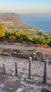 Ruins of the ancient Roman port city of Siedra in Alanya, Antalya, Turkey. The street and ruins of the ancient abandoned ancient city of Siedra on the Mediterranean coast. 4К