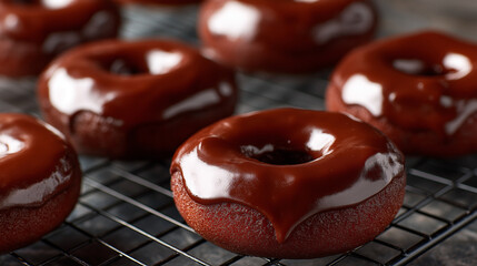 Fresh chocolate doughnuts covered in shiny glaze, arranged on a cooling rack, soft light, bakery style