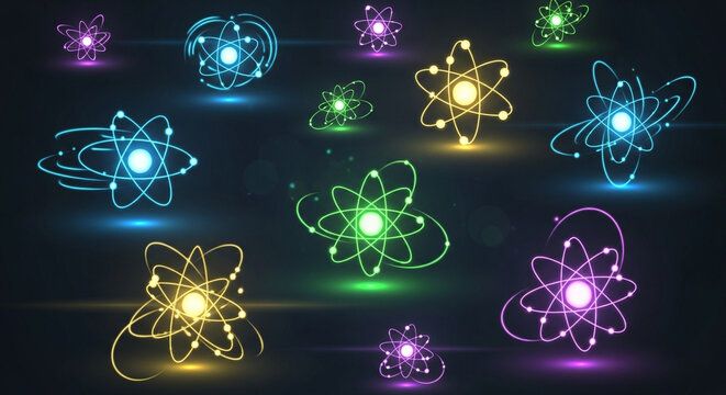 Stunning array of vibrant glowing neon atom structures creating a dynamic background for science and technology concepts - Powered by Adobe