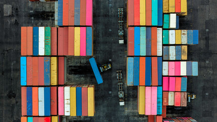 Aerial view of container ship and international harbour.
