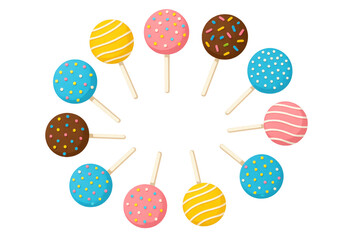Assortment of sweet cake pops creating a decorative circular border, perfect for celebrations, snacks, or dessert treats