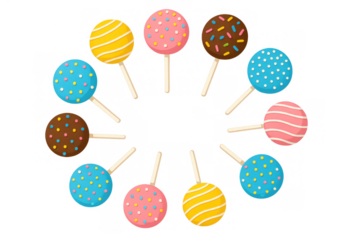 Assortment of sweet cake pops creating a decorative circular border, perfect for celebrations, snacks, or dessert treats