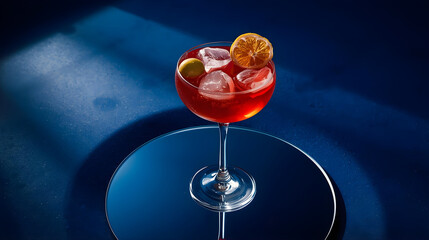 a red cocktail with ice and a slice of lemon