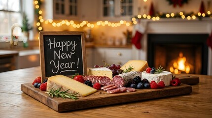 Happy New Year text on chalkboard sign with gourmet charcuterie board cheese and salami on rustic wooden table