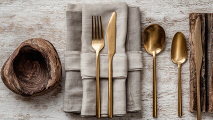 Gold Cutlery Arranged with White Napkin on Wood

