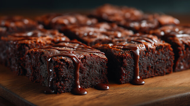 Fudgy chocolate brownies cut into neat squares, rich texture, melted chocolate drizzle, warm studio lighting. - Powered by Adobe