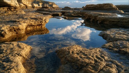 Tide Pool Reflects Sky on Rocky Beach

