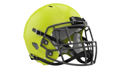 A bright yellow football helmet with face mask on transparent background