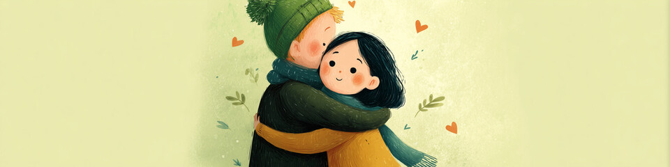 Cute Character Illustration Depicting Warm Hug