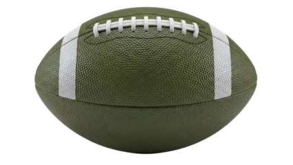 Detailed image of an olive green football with white stripes on transparent background