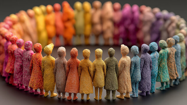 Unity and collaboration shown by multicolored figures forming a circle for DEI concept