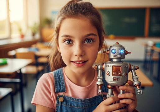 Student Holding Wheeled Humanoid Robot with Blue Eyes in STEM Classroom Macro Close-Up
