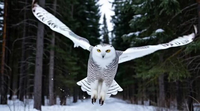 A majestic snowy owl soars low over a snow-covered forest path, its powerful wings spread wide against the dark evergreens. With piercing yellow eyes fixed forward, it glides silently.