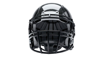A glossy black football helmet with a face mask on transparent background