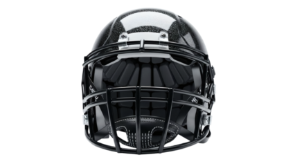 A glossy black football helmet with a face mask on transparent background