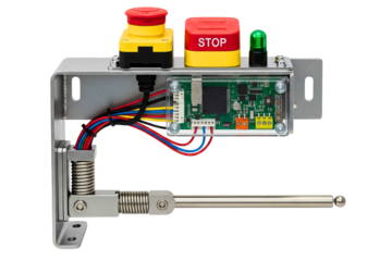 Industrial safety control mechanism with stop button and circuit board on a transparent background