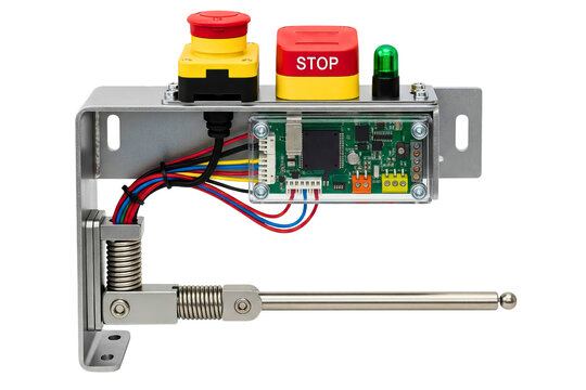 Industrial safety control mechanism with stop button and circuit board on a transparent background